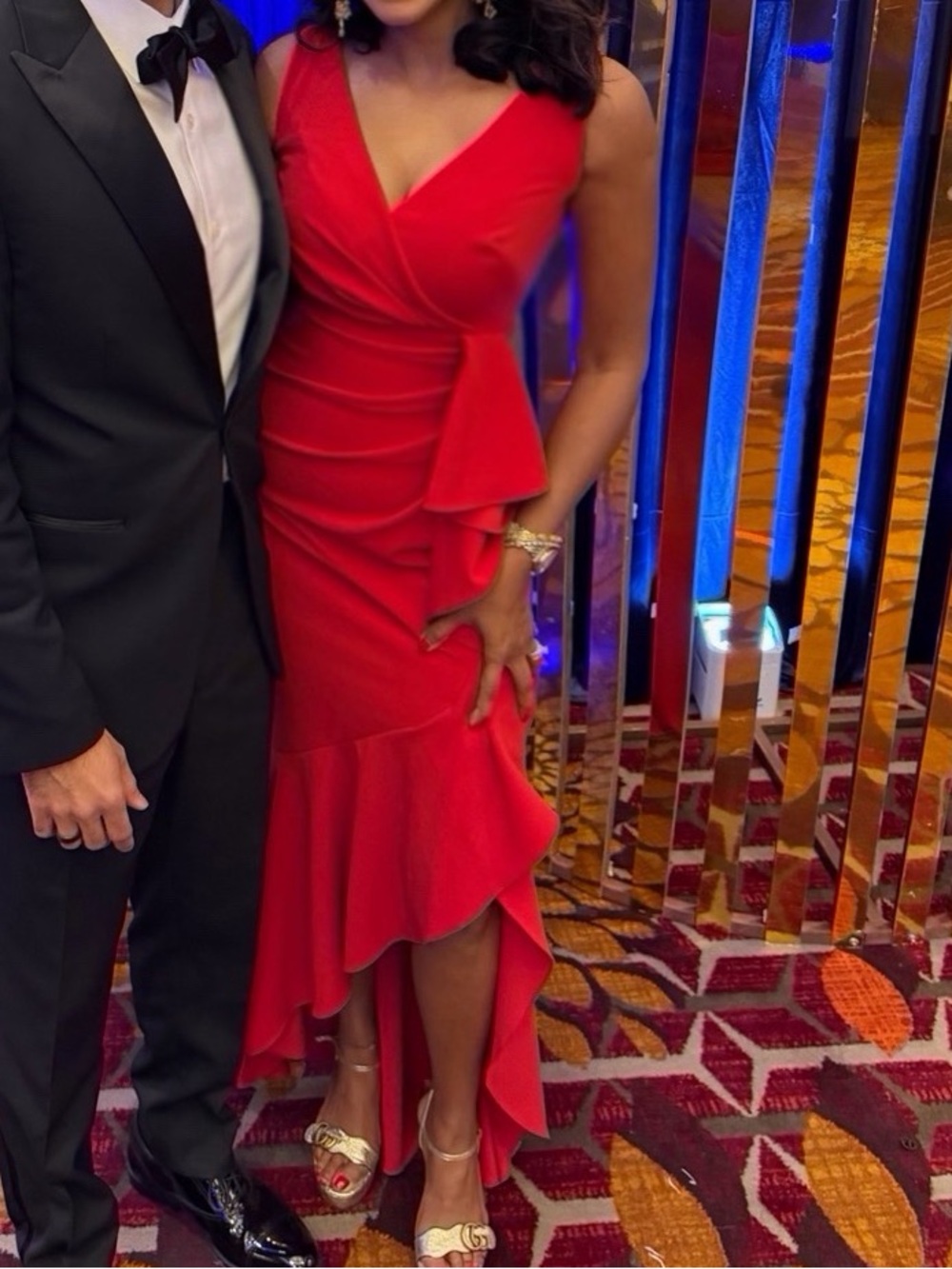 Red Ruffle V-Neck Evening Dress - Women